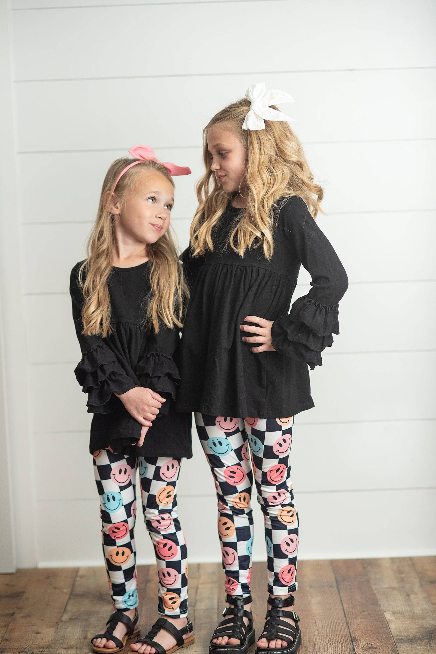 Kids Black & White Check Smiley Face Ruffle Top Leggings Set