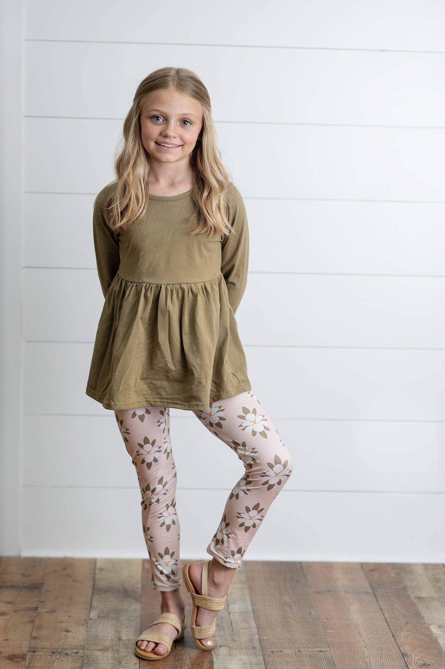 Girls Sage Green 3 Ruffles Shirt & Floral Leggings Fall Set