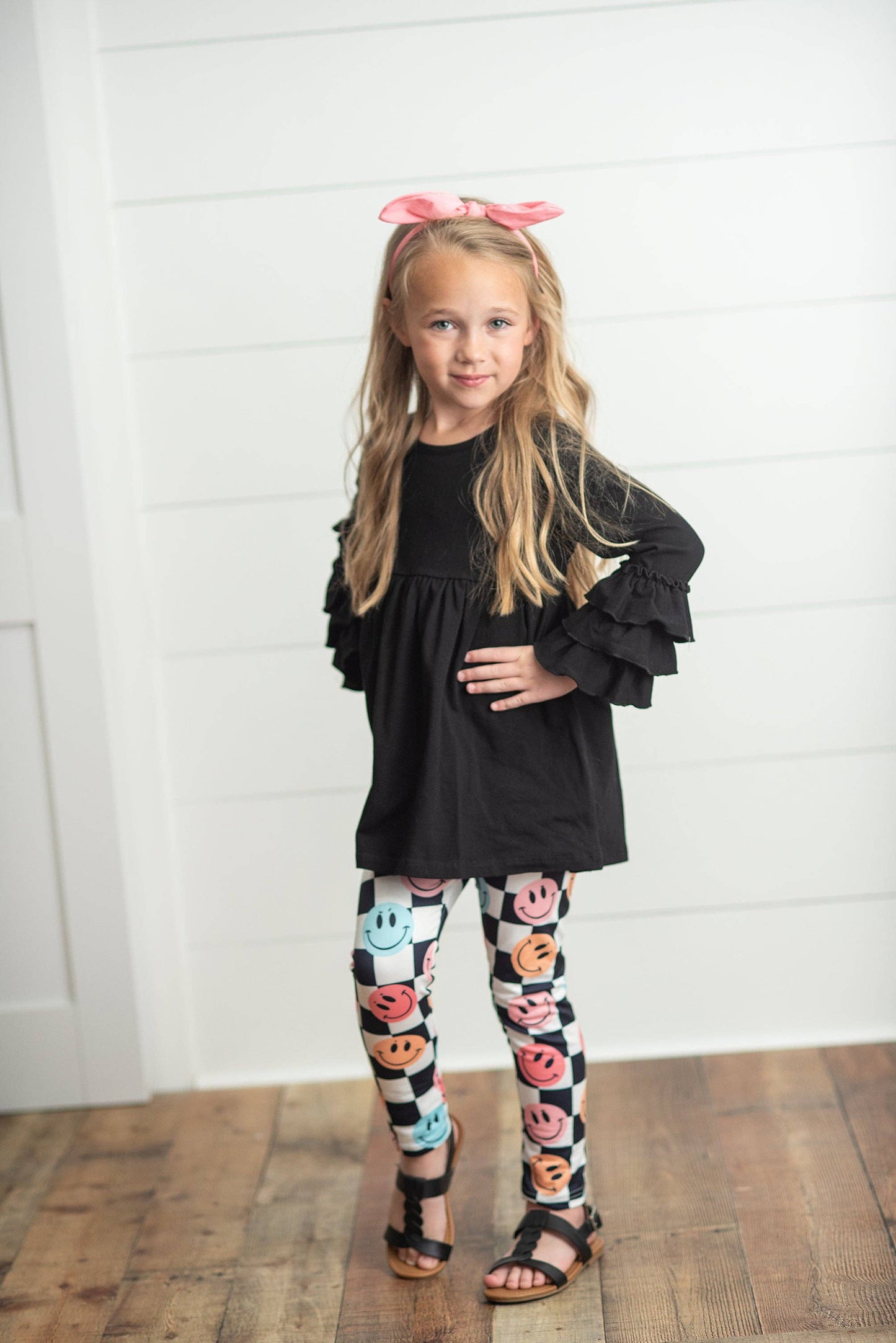 Kids Black & White Check Smiley Face Ruffle Top Leggings Set