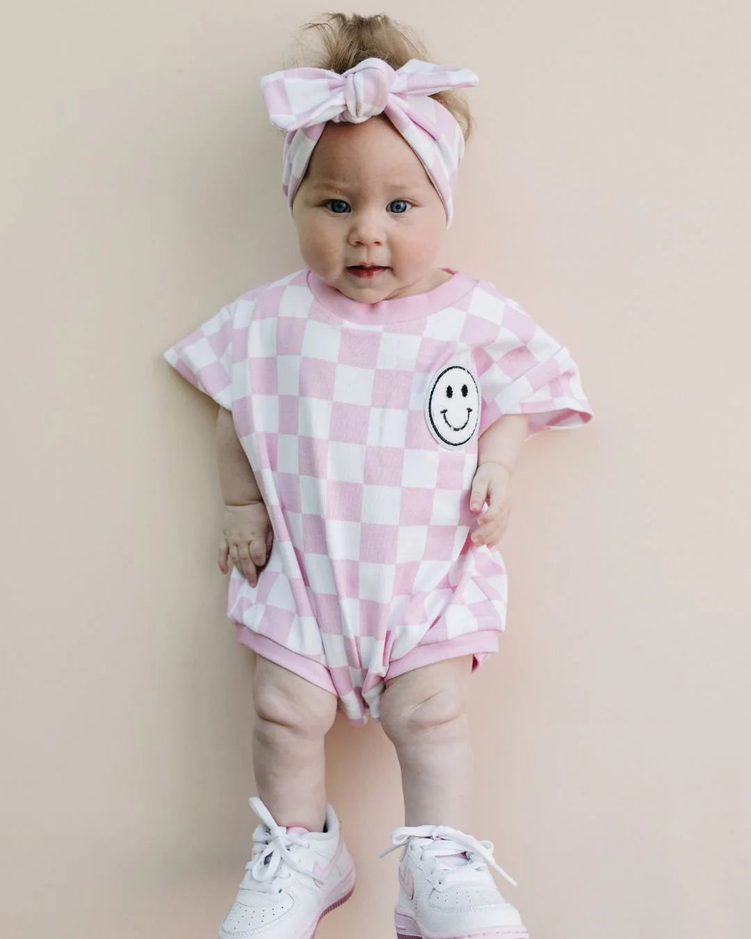 Shirt Sleeve Bubble Romper-Checkered Smiley Pink
