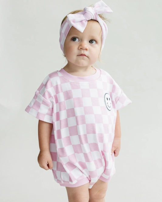 Shirt Sleeve Bubble Romper-Checkered Smiley Pink