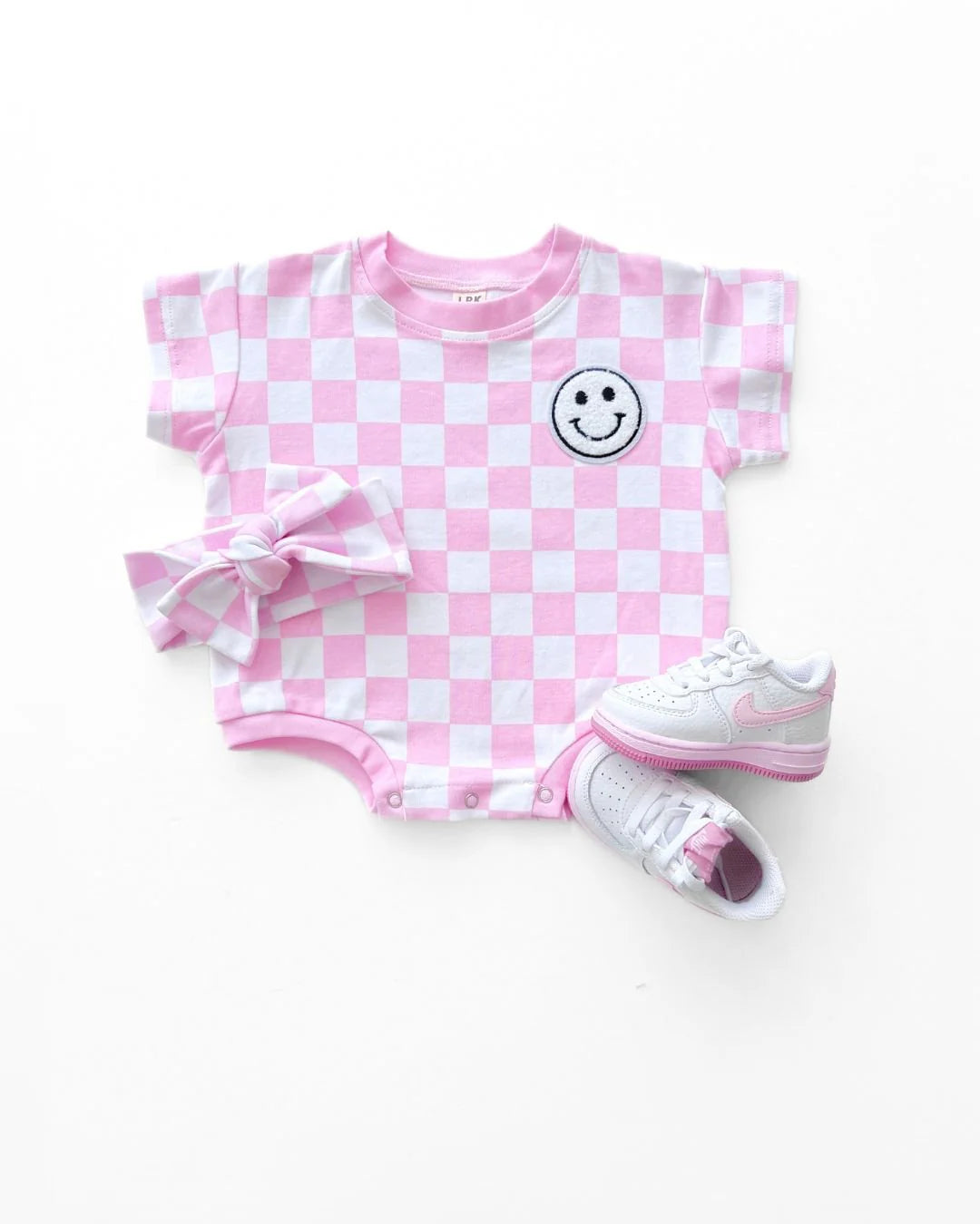 Shirt Sleeve Bubble Romper-Checkered Smiley Pink