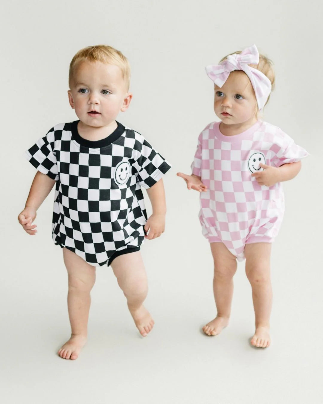 Shirt Sleeve Bubble Romper-Checkered Smiley Pink