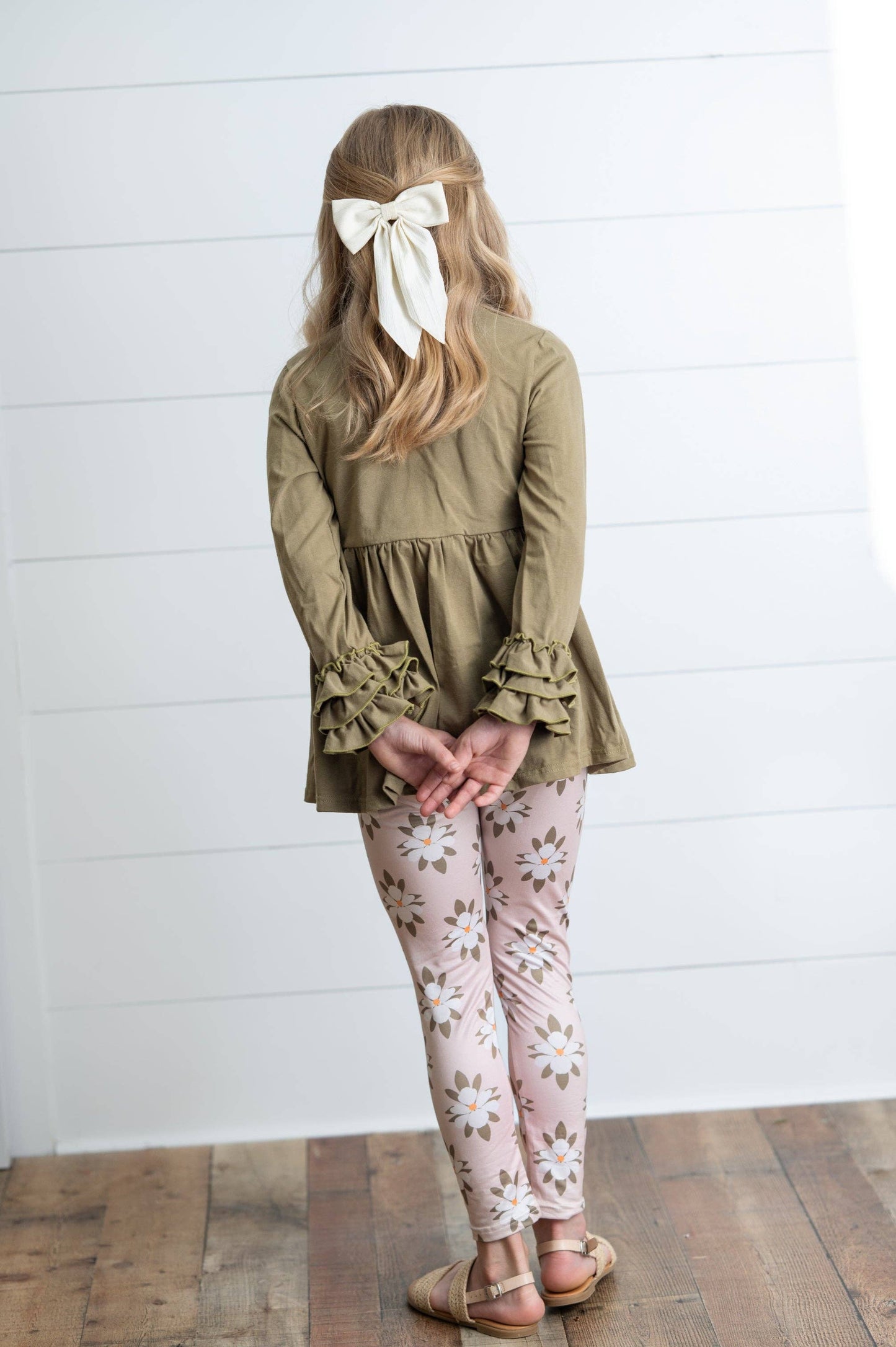 Girls Sage Green 3 Ruffles Shirt & Floral Leggings Fall Set