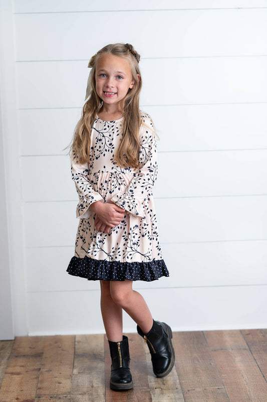 Girls Claire Beige Fall Leaf & Polka Dot Twirl Dress