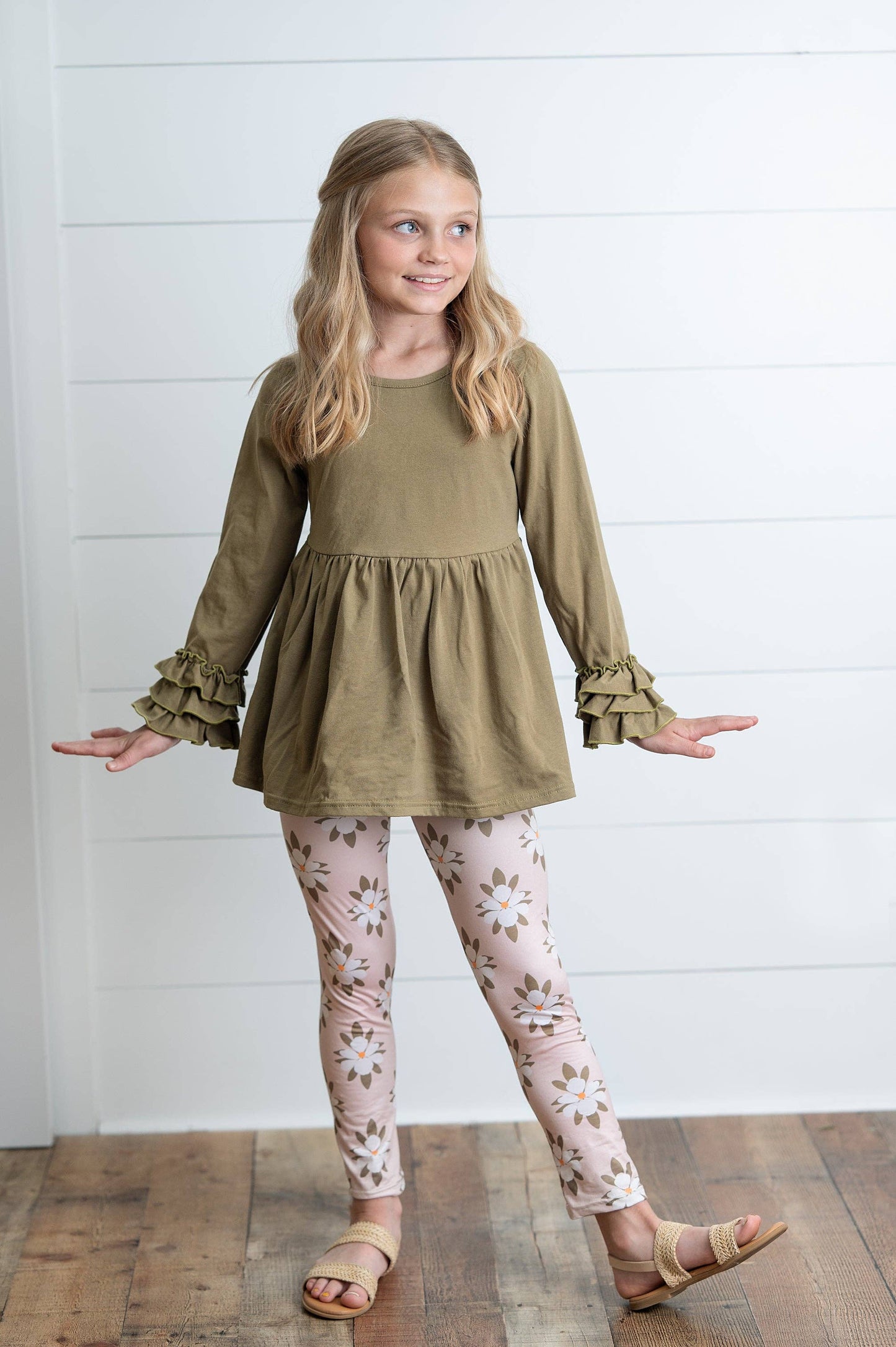 Girls Sage Green 3 Ruffles Shirt & Floral Leggings Fall Set