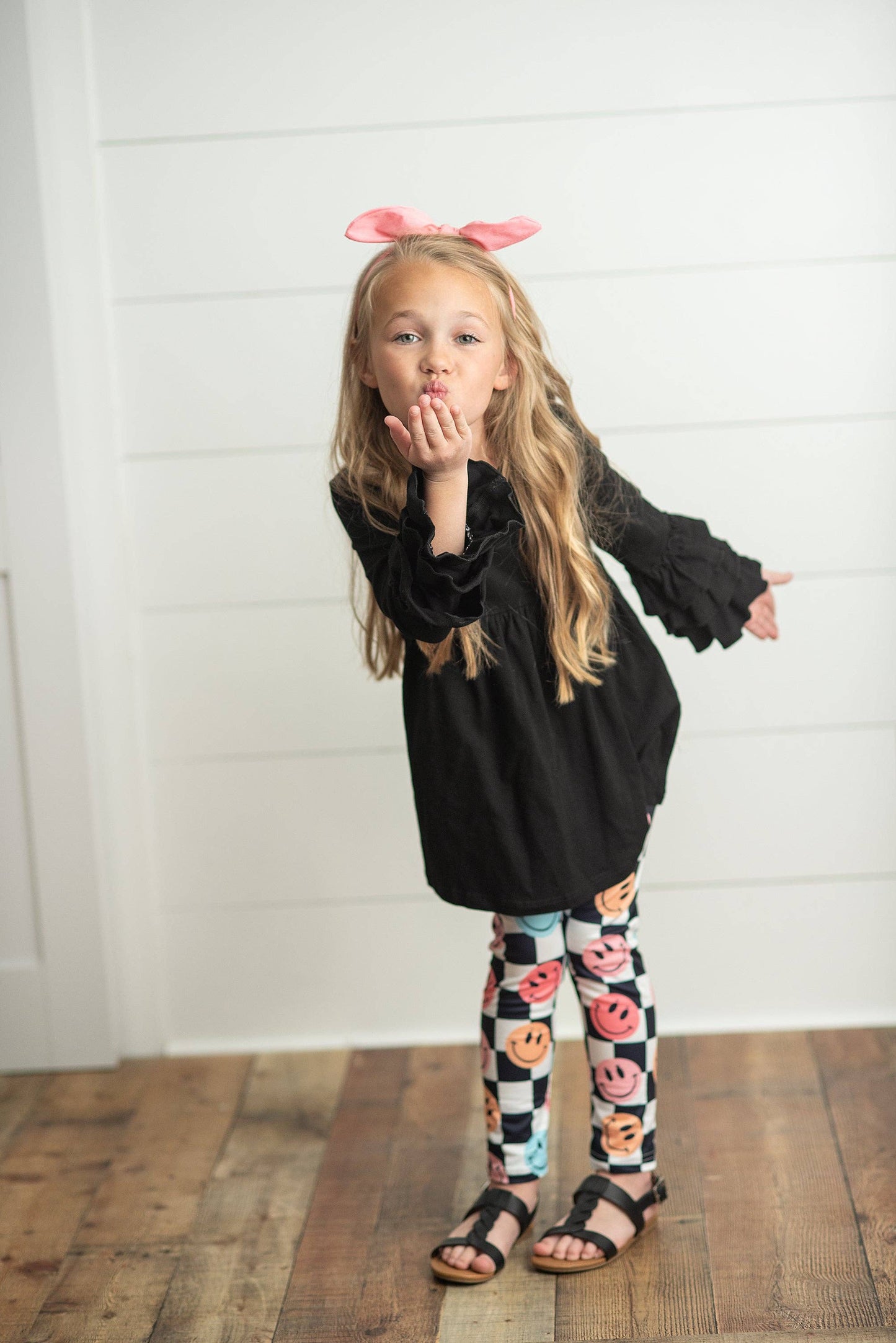 Kids Black & White Check Smiley Face Ruffle Top Leggings Set