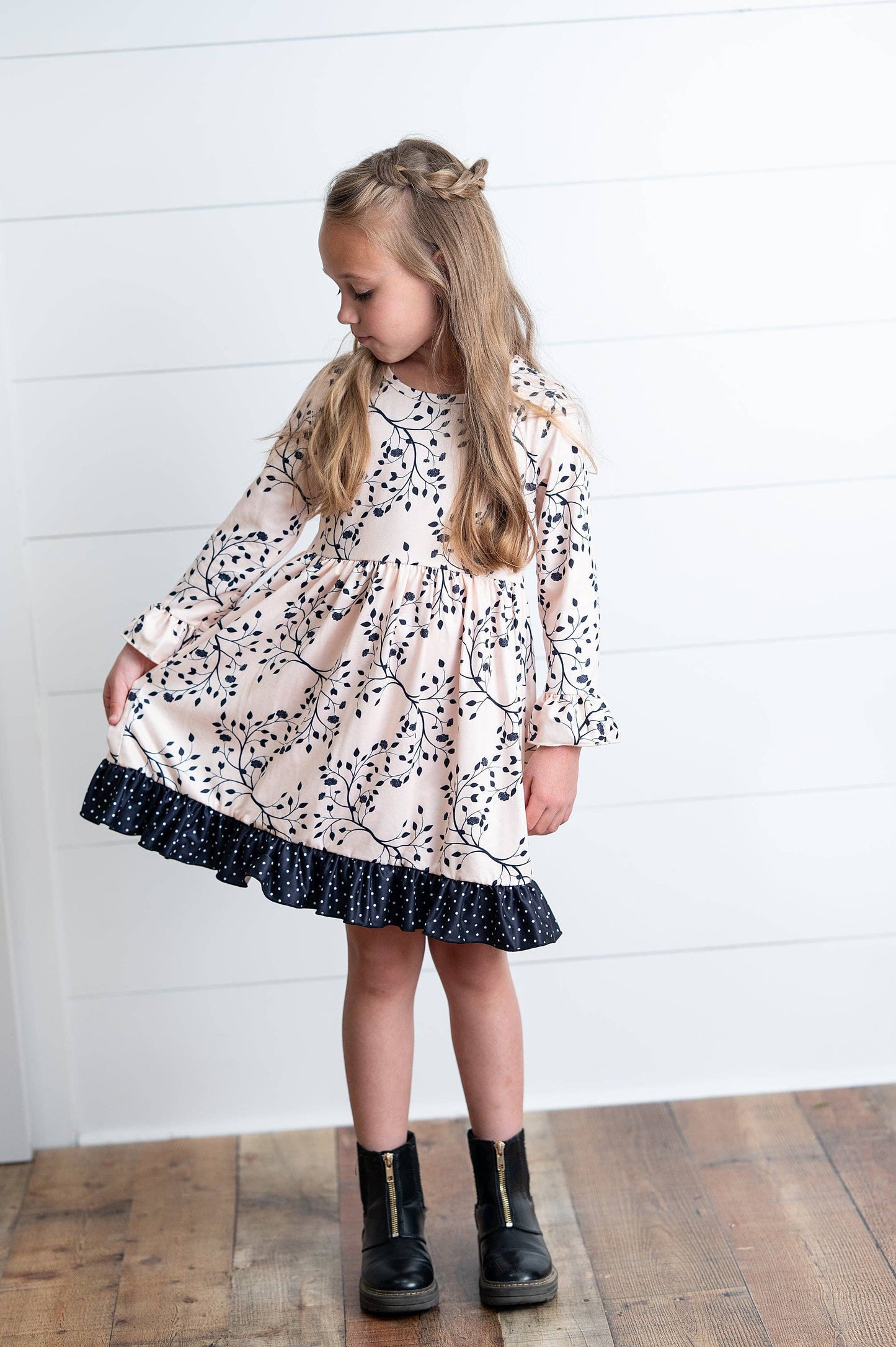 Girls Claire Beige Fall Leaf & Polka Dot Twirl Dress