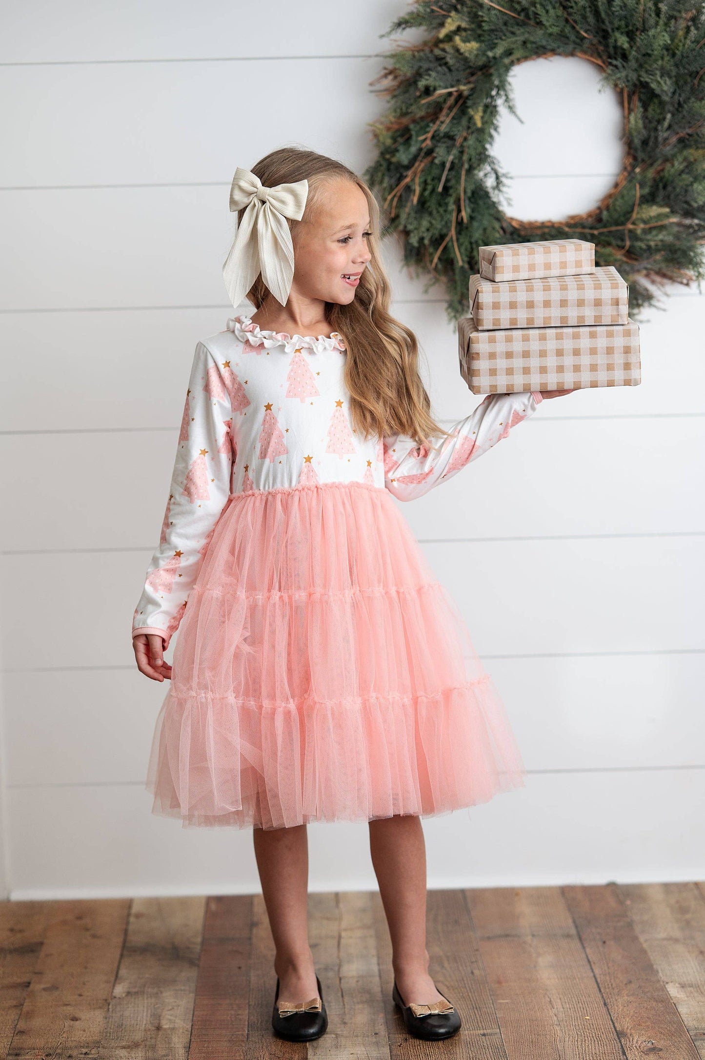 Kids Pink Christmas Tree Tulle Ruffle Holiday Dress