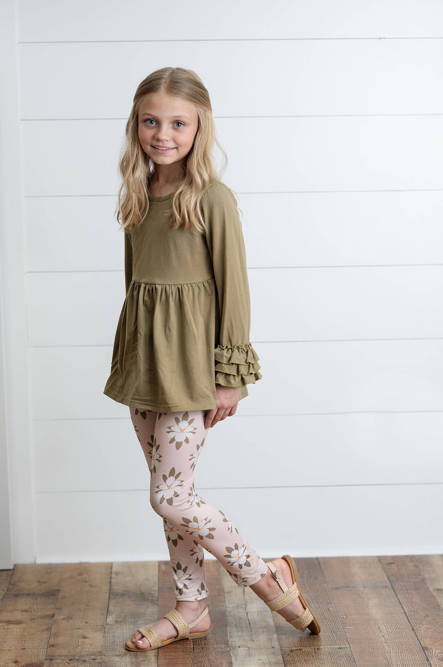 Girls Sage Green 3 Ruffles Shirt & Floral Leggings Fall Set