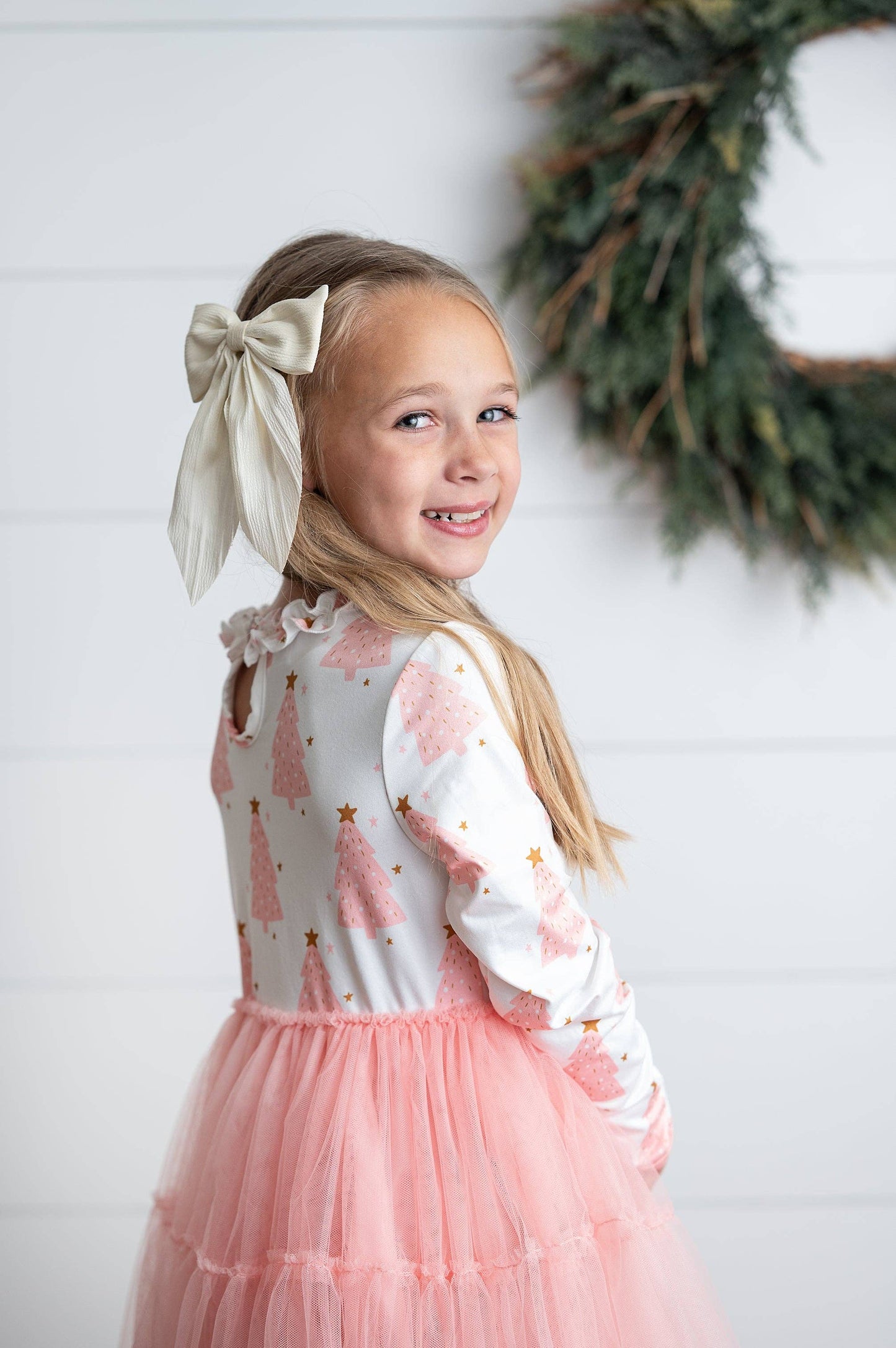 Kids Pink Christmas Tree Tulle Ruffle Holiday Dress