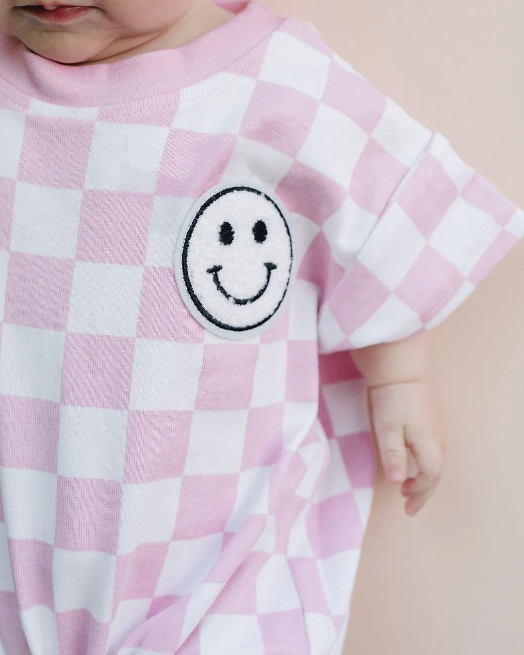 Shirt Sleeve Bubble Romper-Checkered Smiley Pink
