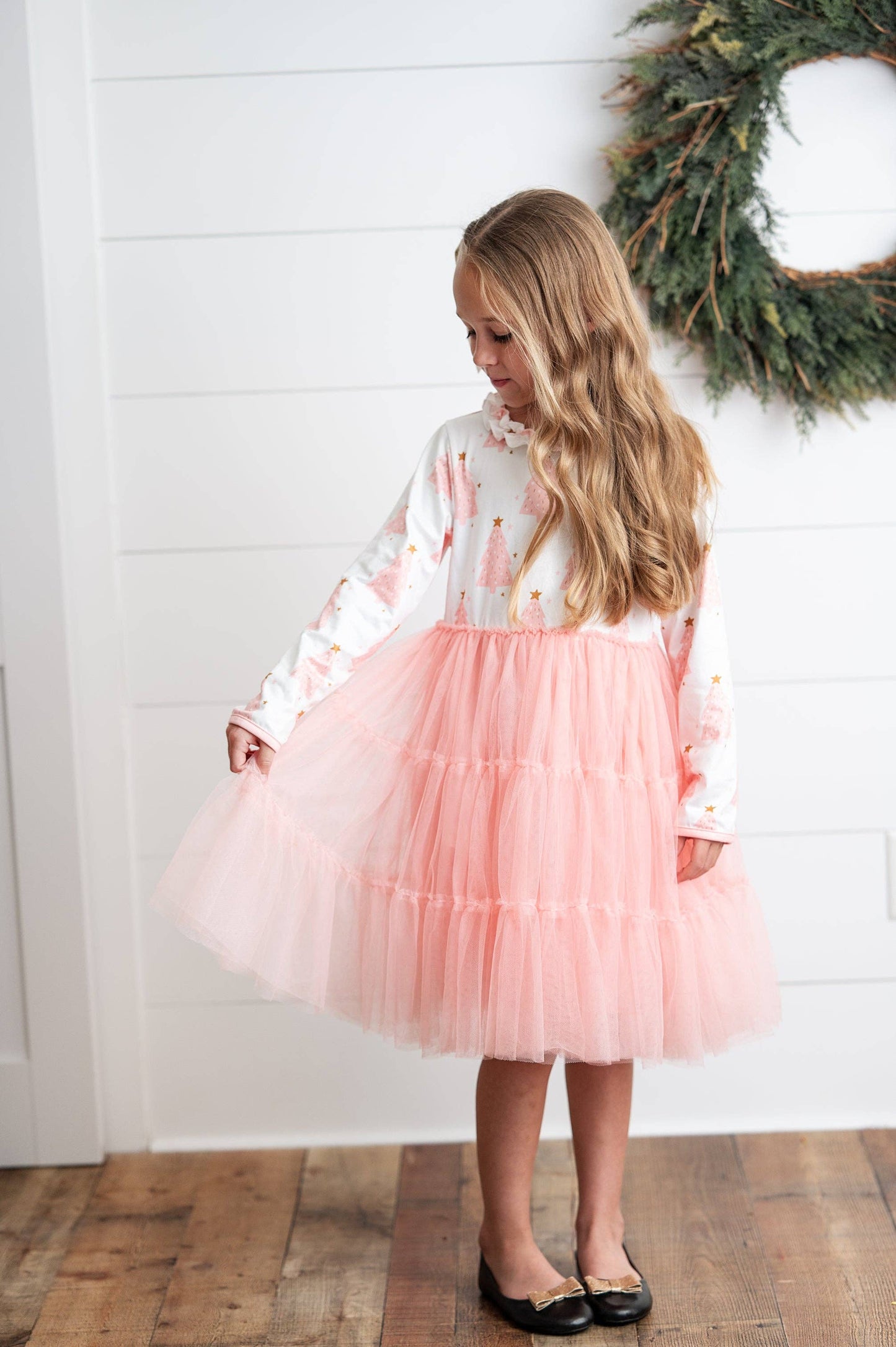 Kids Pink Christmas Tree Tulle Ruffle Holiday Dress