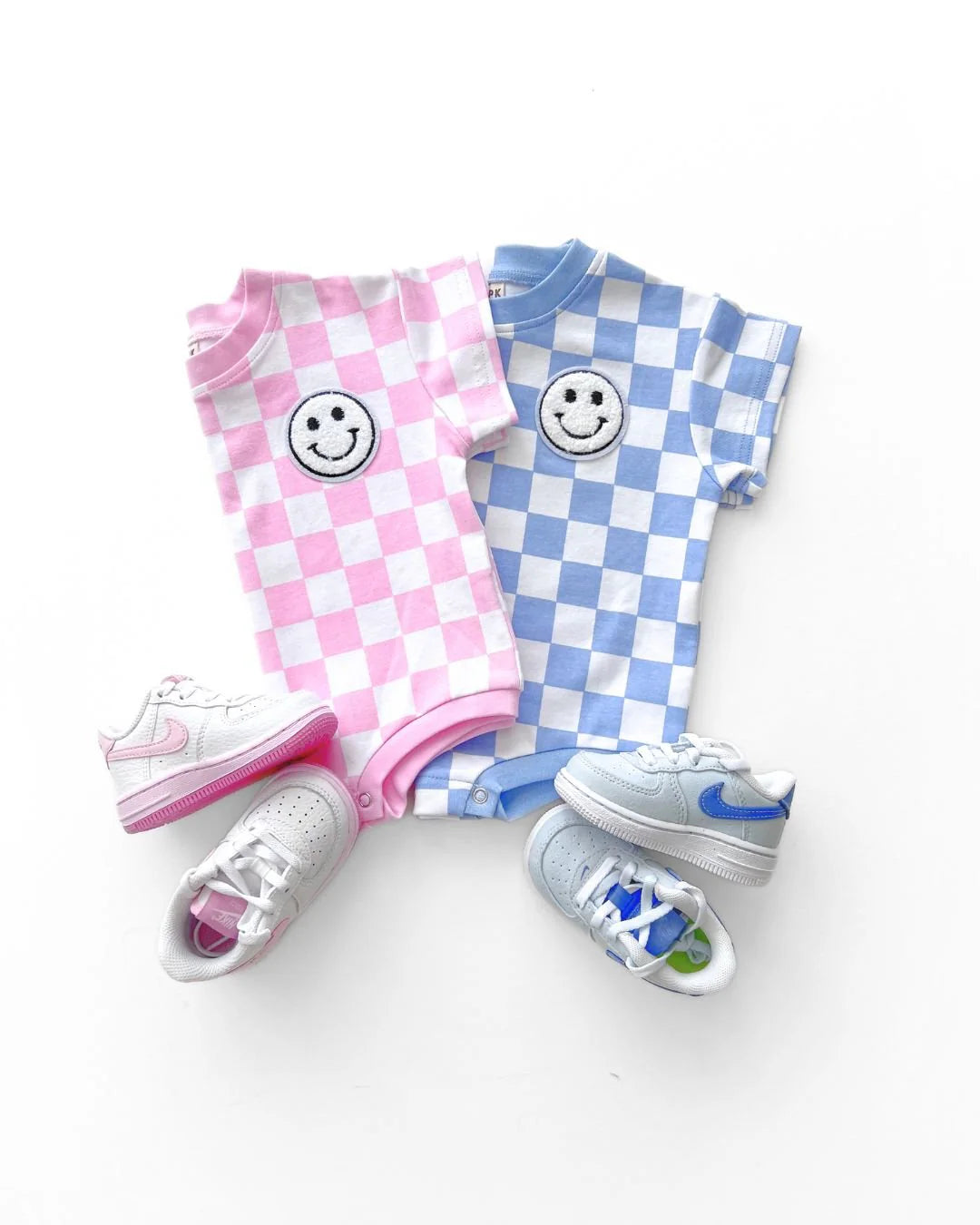 Shirt Sleeve Bubble Romper-Checkered Smiley Pink