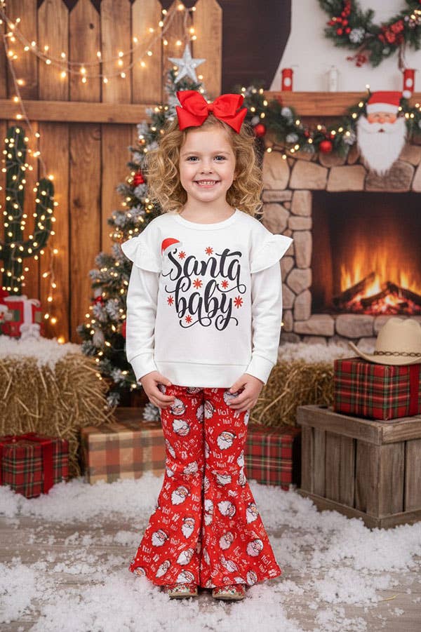 "Santa baby" white top bell bottom pant 2pc sets